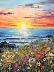 Brush-Stroke Seaview Sunsets Field Painting: Wildflower Dreams by the Seaside - obrazy, fototapety, plakaty