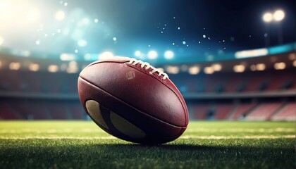 Rugby ball on stadium field with blurry stadium tribunes