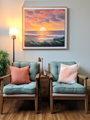 Brush-Stroke Seaview Sunsets Wall Art: Sun-Kissed Cottage Stories by the Beach