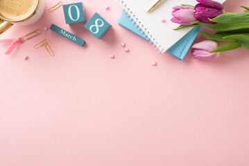Fototapeta na wymiar Feminine Workspace: Embracing Women's Day at work – a desk top view setup with cube calendar displaying March 8, trendy glasses, a cup of coffee, notepads, pen, clips, and tulips on pastel pink