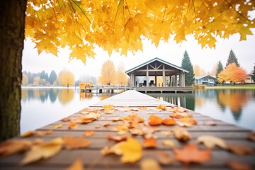 autumn leaves framing a lake house and wooden jetty