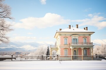 winter scene of an italianate home with a snowcapped belvedere - obrazy, fototapety, plakaty