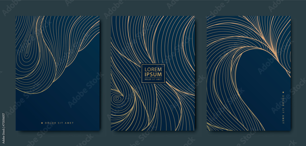 Poster vector set of gold pattern backgrounds, wave design curve templates, elegant linear graphic. dark el