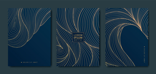 Vector set of gold pattern backgrounds, wave design curve templates, elegant linear graphic. Dark elegant package, premium cover