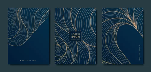 Foto op Aluminium Vector set of gold pattern backgrounds, wave design curve templates, elegant linear graphic. Dark elegant package, premium cover © marylia17