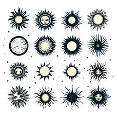 sun, vector, flower, icon, summer, design, set, illustration, symbol, art, pattern, collection, nature, sign, element, star, yellow, decoration, weather, floral, sunlight, sunbeam, circle, ornament