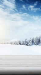 Fototapeta premium Wooden table snowy trees winter nature bokeh background, empty wood desk product display mockup snow landscape blurry abstract backdrop ads showcase Christmas time presentation. Mock up, copy space.