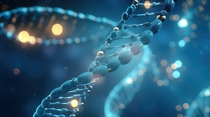 A close-up image of a DNA double helix structure, artistically illuminated against a blue background, symbolizing genetic research and biotechnology. - obrazy, fototapety, plakaty