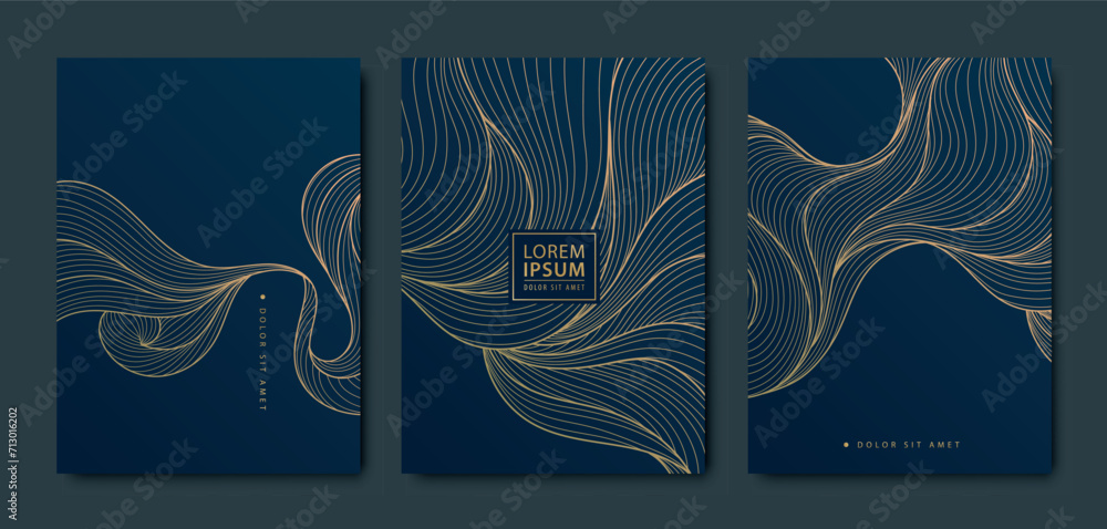 Poster vector set of gold pattern backgrounds, wave design curve templates, elegant linear graphic. dark el