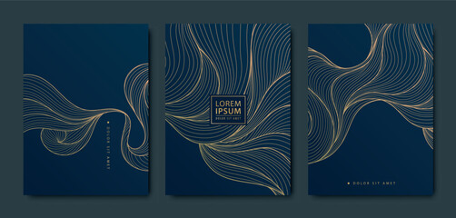 Vector set of gold pattern backgrounds, wave design curve templates, elegant linear graphic. Dark elegant package, premium cover - 713016202