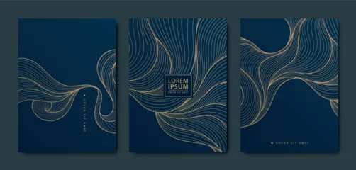 Fotobehang Vector set of gold pattern backgrounds, wave design curve templates, elegant linear graphic. Dark elegant package, premium cover © marylia17