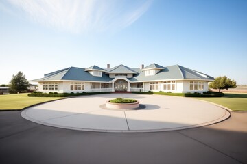 spacious flatroofed mansion with circular driveway - obrazy, fototapety, plakaty