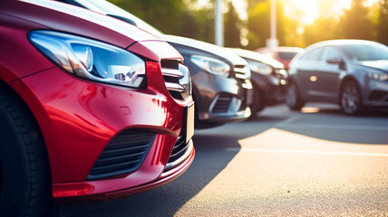 Cars in a row. Used car for sale and rental service. Car insurance background. Automobile parking area. Car dealership and dealer agent concept.

 - obrazy, fototapety, plakaty