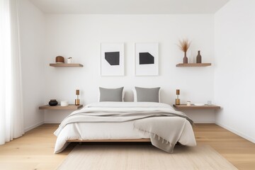 minimalist bedroom with an offcenter bed and irregular nightstands
