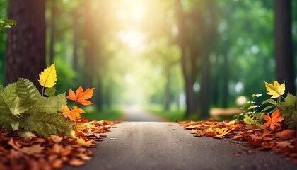 Forest leaves road decoration with soft focus light and bokeh background - obrazy, fototapety, plakaty