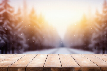 Wooden table snowy trees winter nature bokeh background, empty wood desk product display mockup...