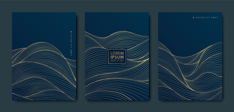 Vector set of gold pattern backgrounds, wave design curve templates, elegant linear graphic. Dark elegant package, premium cover