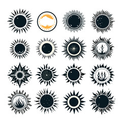 Fototapeta premium sun, vector, flower, icon, summer, design, set, illustration, symbol, art, pattern, collection, nature, sign, element, star, yellow, decoration, weather, floral, sunlight, sunbeam, circle, ornament