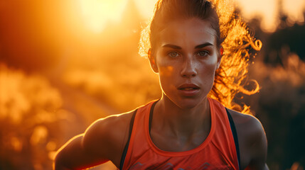 Golden Hour Portrait of Determined Female Athlete in Action