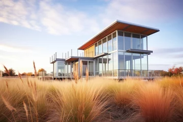 Foto op Plexiglas modern glass house with ribbon windows amidst tall prairie grass © altitudevisual
