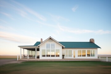 lone prairie house with ribbon windows facing the open field