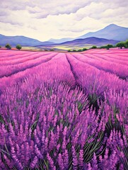 Classic Provence Lavender Art: Vintage Field Painting with Aesthetically Pleasing Lavender Fields