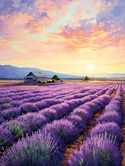 Classic Provence Lavender Art: Vintage Field Painting with Stunning Aesthetics