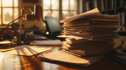A large stack of documents on the office desk. Evening lighting, overtime concept, workload. Photorealistic, background with bokeh effect.  - obrazy, fototapety, plakaty