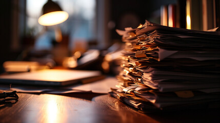 A large stack of documents on the office desk. Evening lighting, overtime concept, workload. Photorealistic, background with bokeh effect. 