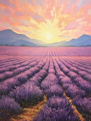 Classic Provence Lavender Art: Vintage Painting of Refreshing Lavender Fields