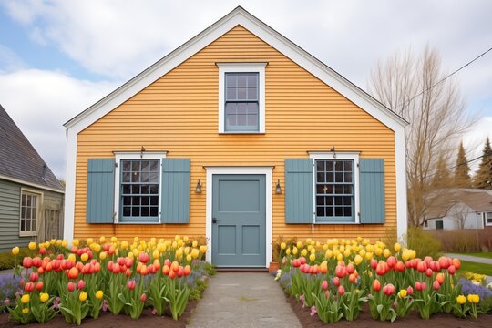 wideangle of saltbox with shutters among spring flowers