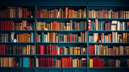 Vibrant bookshelves filled with intellectual knowledge and wisdom in full frame view