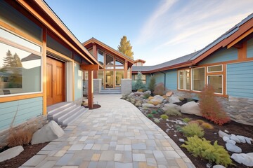 modern shingle home with mixed stone entry path