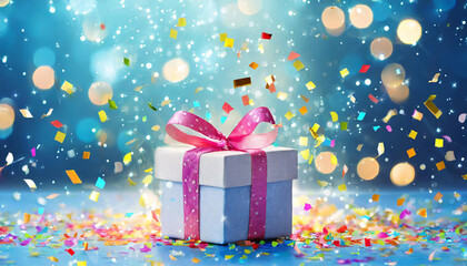 Fototapeta na wymiar Gift box or present and flying confetti against blue bokeh background. Magic Christmas greeting card.