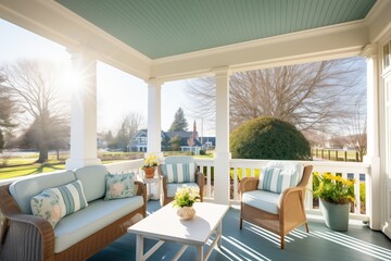 sunlit veranda of a shingle style home with a teak seating area - obrazy, fototapety, plakaty