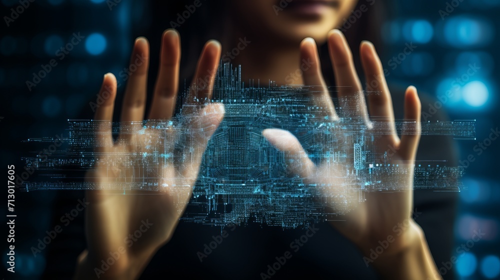 Poster tech fusion: double exposure of woman's hands with digital coding icons - data development concept