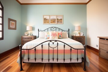 wrought iron bed frame in a rustic spanish bedroom