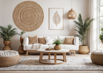 boho living room with white rattan furniture and plant decor