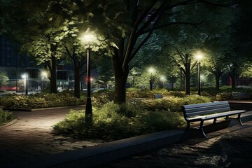 Fototapeta na wymiar An urban park with illuminated trees, a bench, and green surroundings. Generative AI