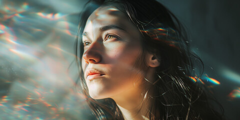 Pensive woman with hair tousled by light, her face painted with soft rainbows, exuding a tranquil, reflective mood