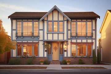 tudor home facade during golden hour with window glow