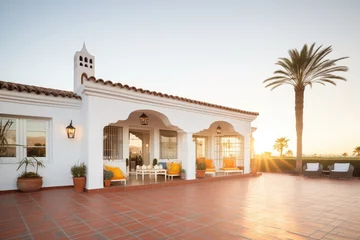 Foto op Canvas spanish villa bathed in golden hour light with white walls © altitudevisual