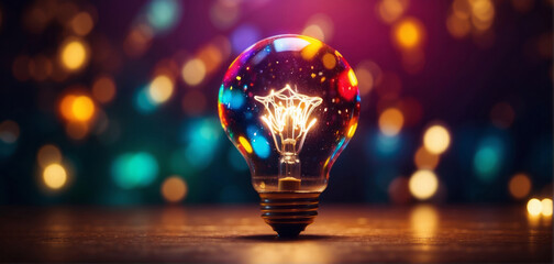 standing shiny light bulb. Bursting with ideas concept. colorful sparkling bokeh background