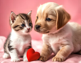 Fototapeta na wymiar A kitten and a puppy next to each other with a heart shaped toy in the foreground. Light pink background. Cute and adorable. Concept of friendship.
