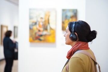 visitor with audio guide observing paintings in a gallery