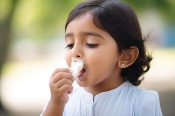 child licking traditional malai kulfi in a park