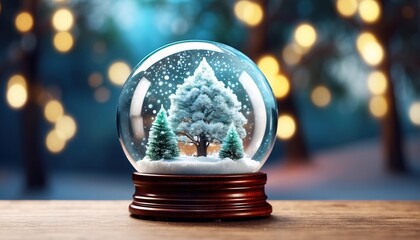 Fototapeta na wymiar Xmas winter Glass snow globe with soft focus light and bokeh background