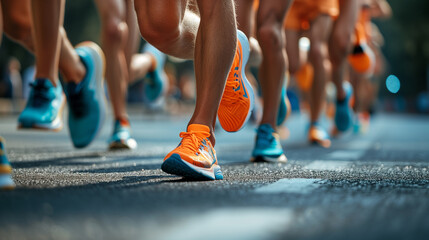 Close-up view of the dynamic motion of marathon runners' feet in colorful sneakers on the asphalt. - obrazy, fototapety, plakaty