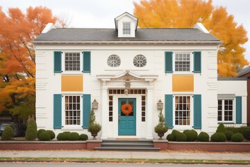 colonial-style house with symmetrical windows and a central front door