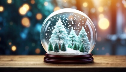 Fototapeta na wymiar Xmas winter Glass snow globe with soft focus light and bokeh background